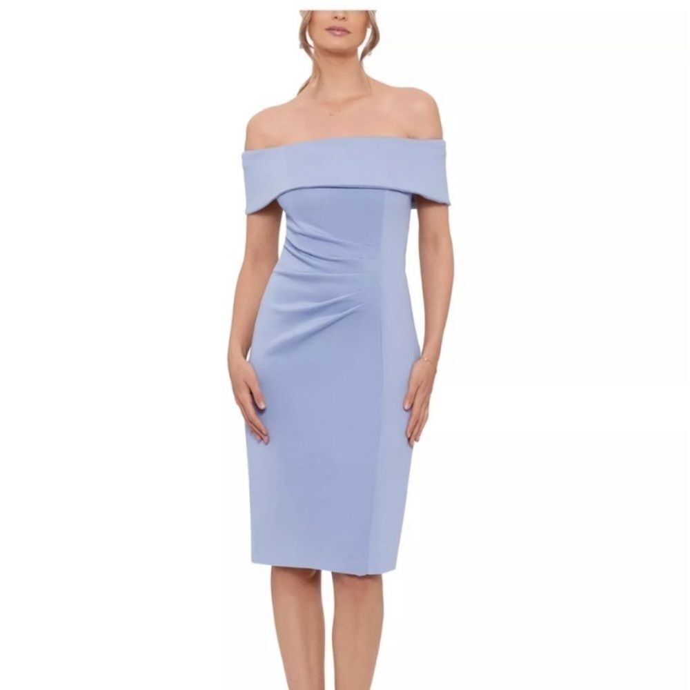 NWT Xscape Women's Off Shoulder Cocktail Dress Ruched Size 14 sky mist